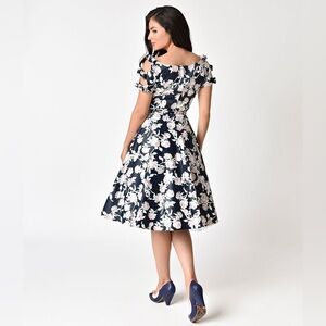 Unique Vintage Bow Sleeve Navy Floral Selma Swing Dress